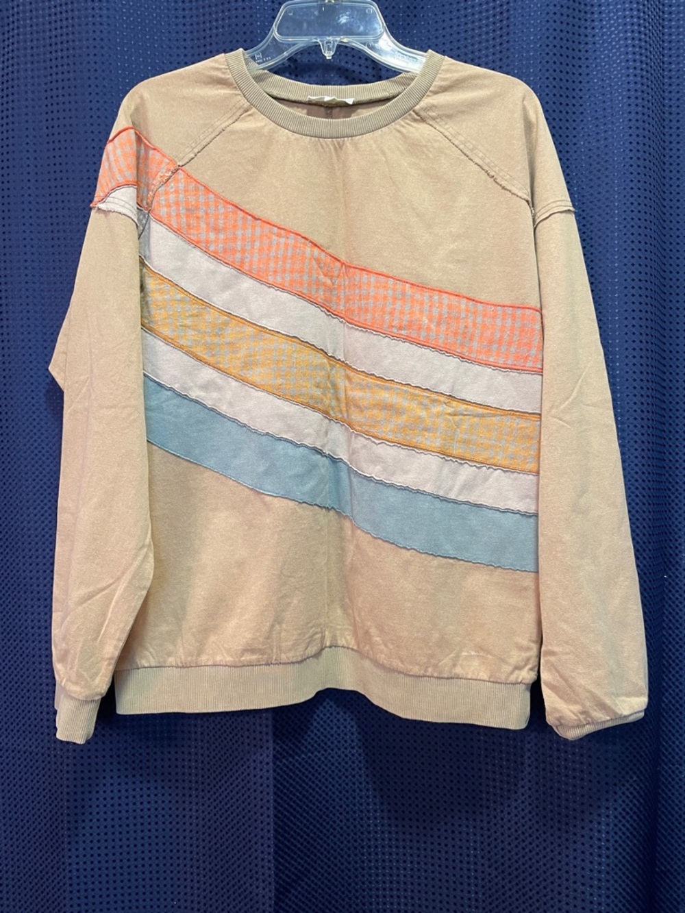 Beige Crewneck Sweatshirt with Pastel Stripe Panels